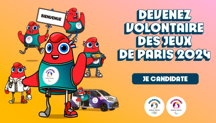 Tribu des phryges (mascottes) habillées en volontaire des Jeux de Paris 2024.  Cliquez pour en savoir plus sur le programme des volontaires